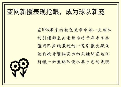 篮网新援表现抢眼，成为球队新宠