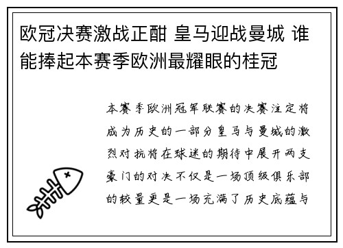 欧冠决赛激战正酣 皇马迎战曼城 谁能捧起本赛季欧洲最耀眼的桂冠