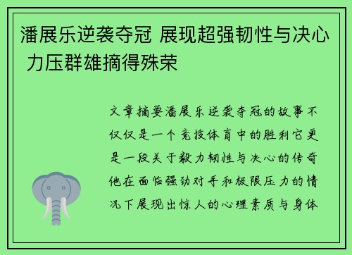 潘展乐逆袭夺冠 展现超强韧性与决心 力压群雄摘得殊荣