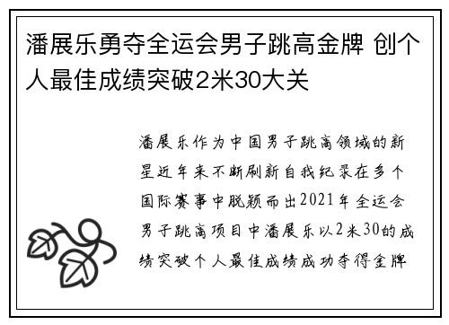 潘展乐勇夺全运会男子跳高金牌 创个人最佳成绩突破2米30大关