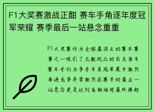 F1大奖赛激战正酣 赛车手角逐年度冠军荣耀 赛季最后一站悬念重重