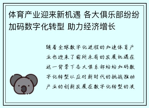 体育产业迎来新机遇 各大俱乐部纷纷加码数字化转型 助力经济增长