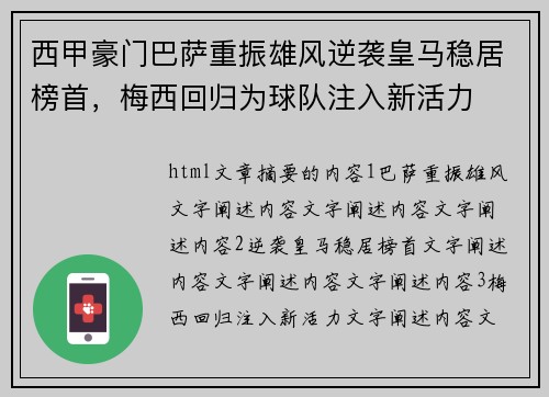 西甲豪门巴萨重振雄风逆袭皇马稳居榜首，梅西回归为球队注入新活力